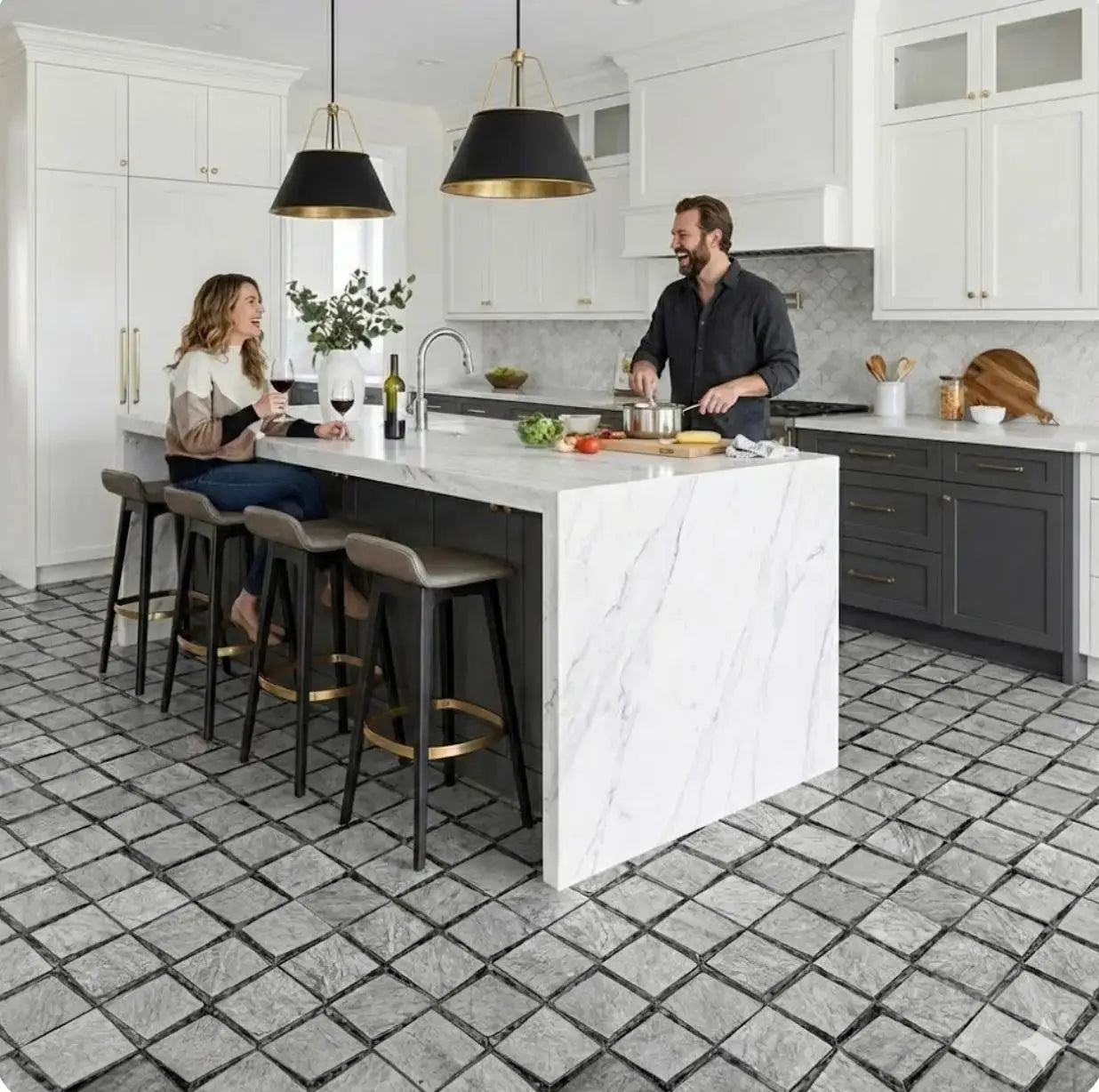 Modern kitchen with white marble island and gray tiled floor