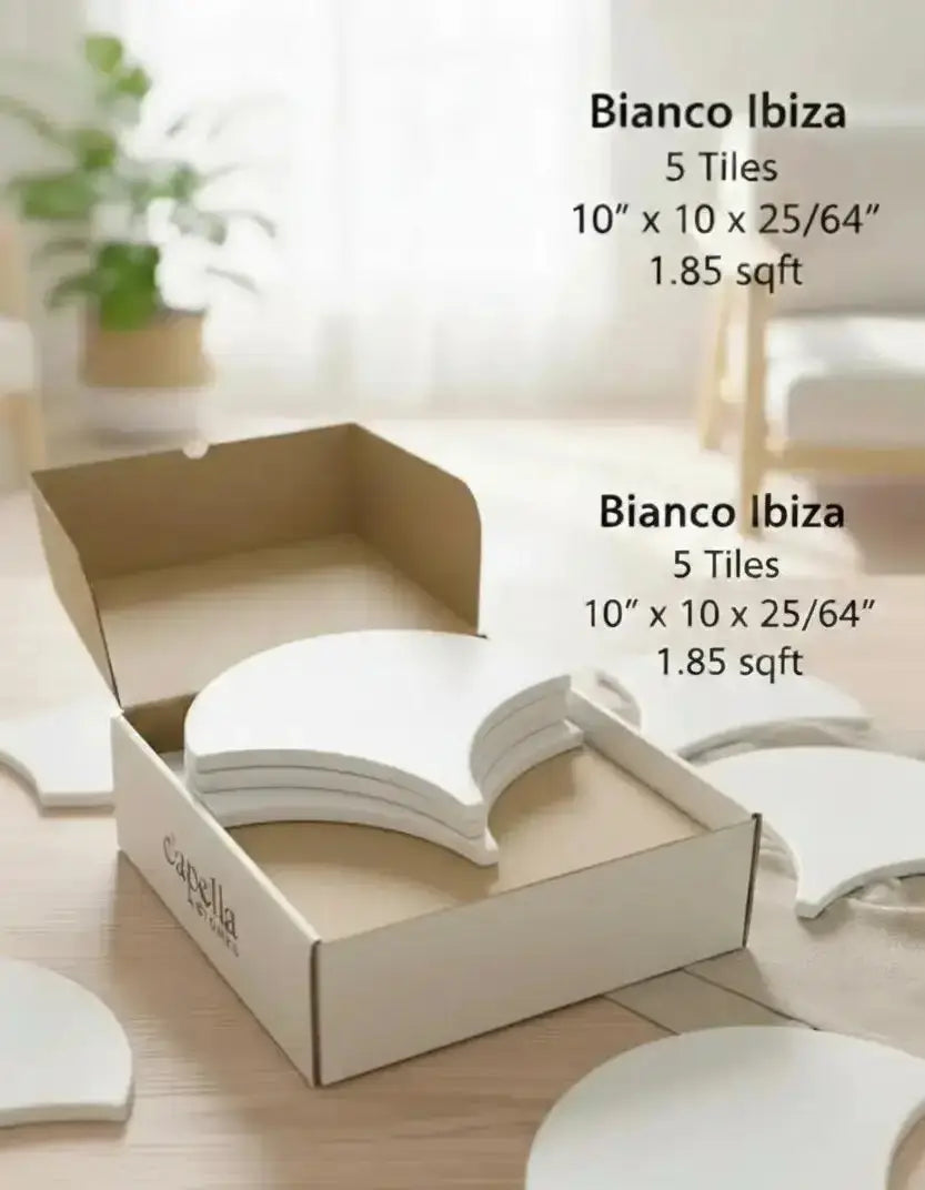 Box of Bianco Ibiza tiles on a wooden floor with product details.marble market
marble factory
raw marble
most expensive marble in the world
the marble shop
marble place
marble worktops misbell