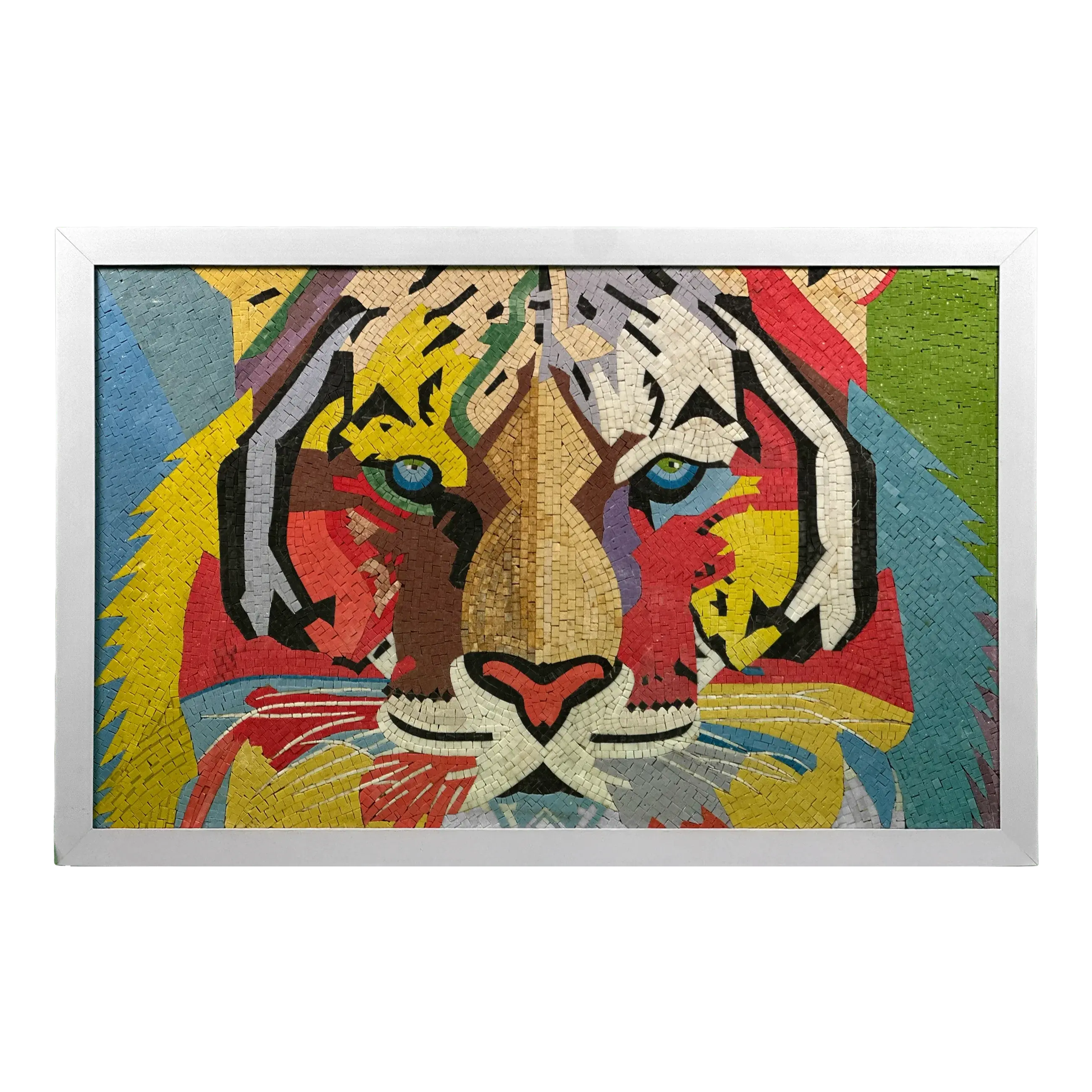 Colorful abstract rug with a tiger design with a white frame