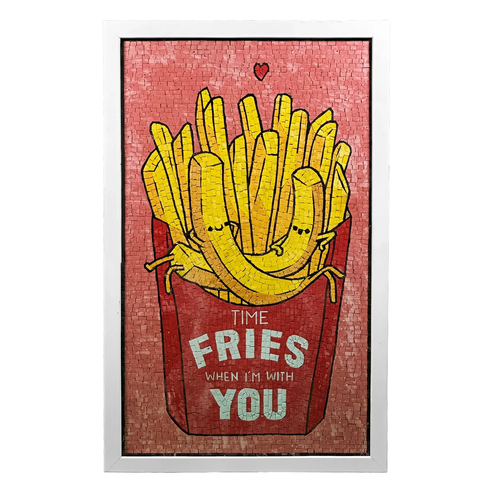 Framed artwork of a red bucket of fries with a heart on a pink background