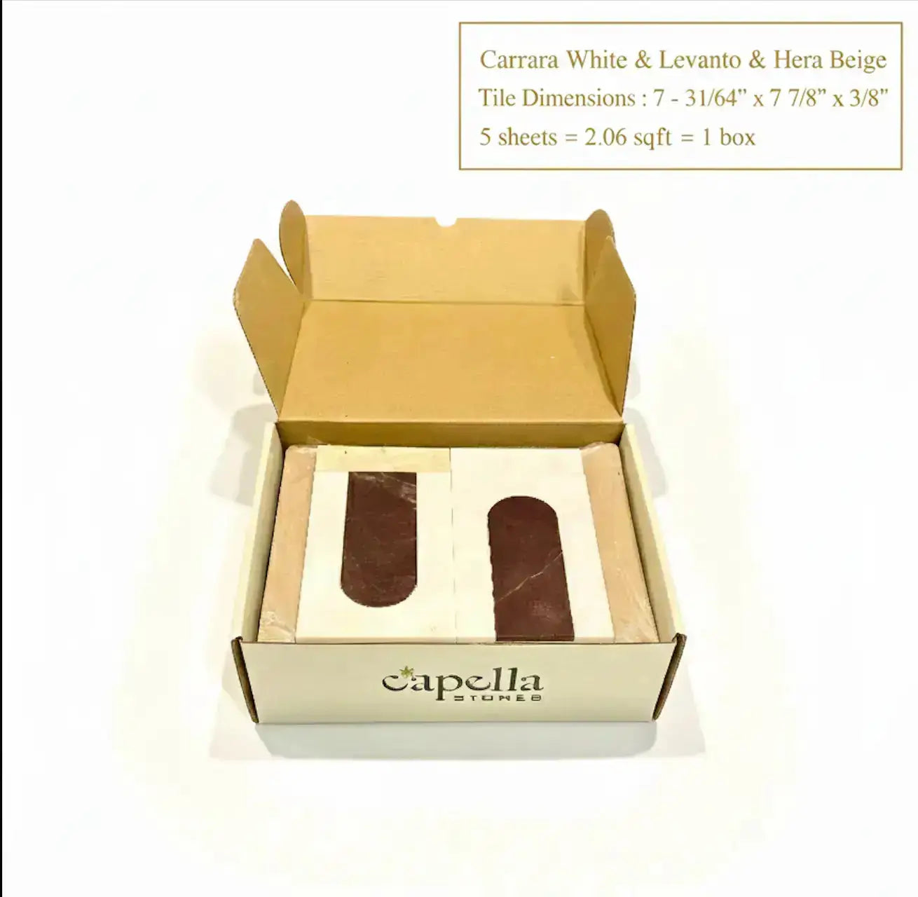 Open box of Capella tiles with tile samples on a white background