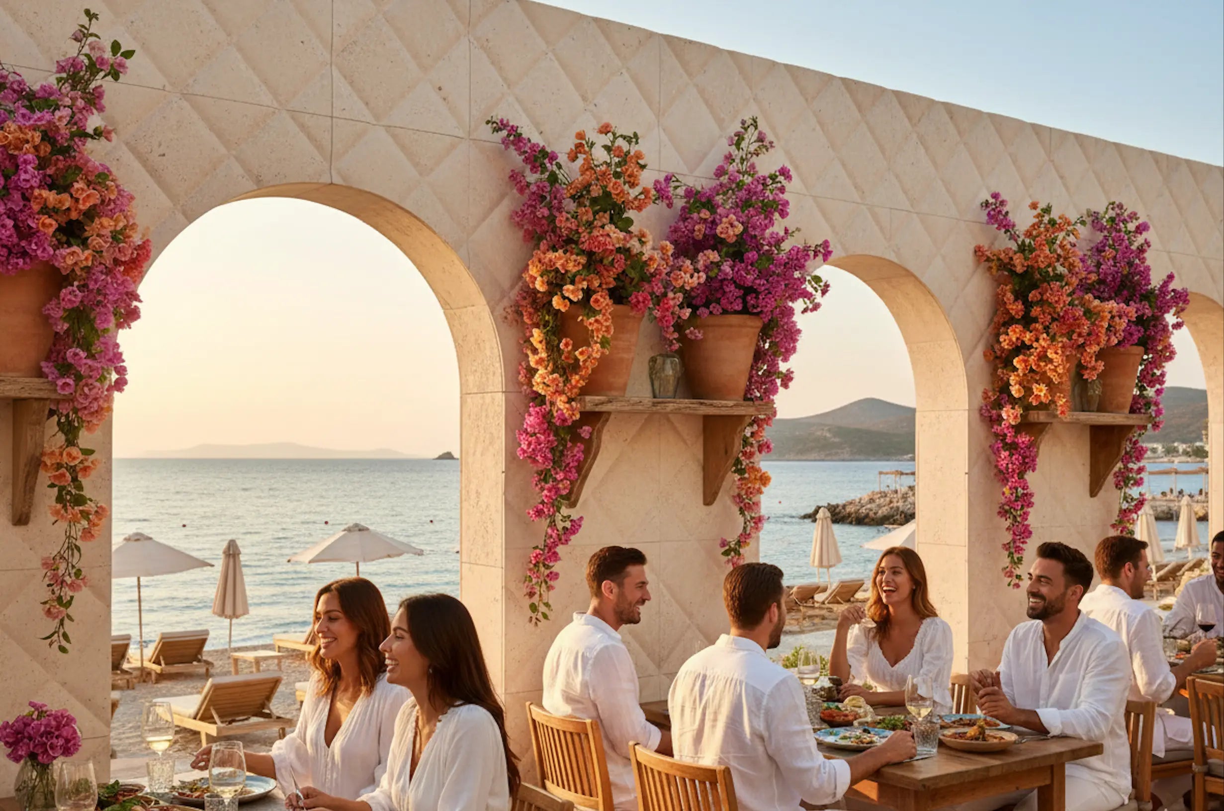 People dining at an outdoor restaurant with floral decorations and a scenic view of the sea.
