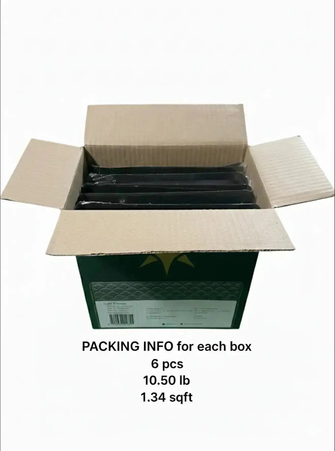 Open cardboard box with black items inside, showing packing information on a white background. 3 x 3