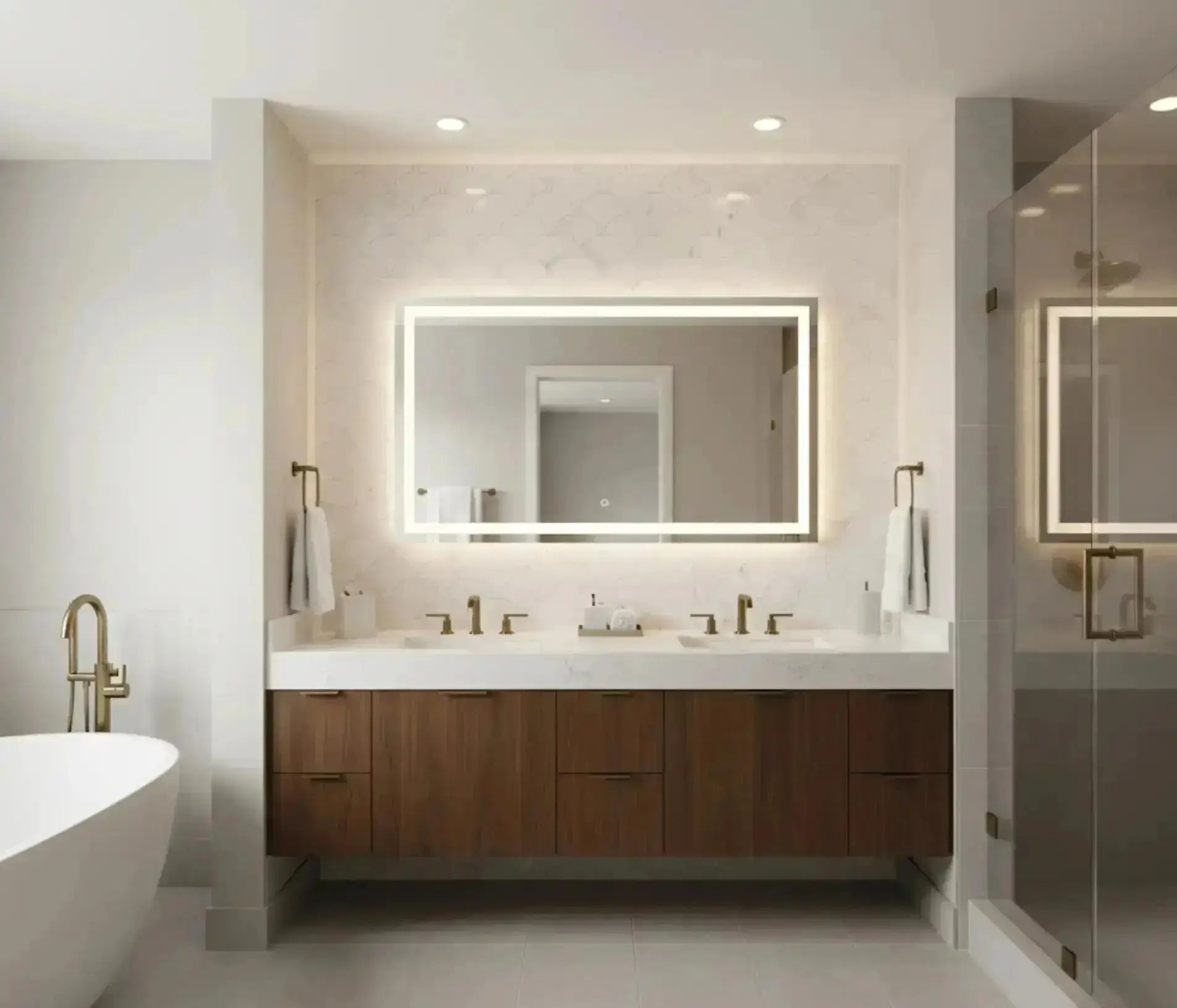 Modern bathroom with wooden vanity, large mirror, and freestanding bathtub. marble mosaic tile artistic marble mármol artístico
superior marble and stone mármol y piedra superior
limestone marble mármol calizo
marble slabs near me losas de mármol cerca de mí
quality marble mármol de calidad
designer marble mármol de diseño