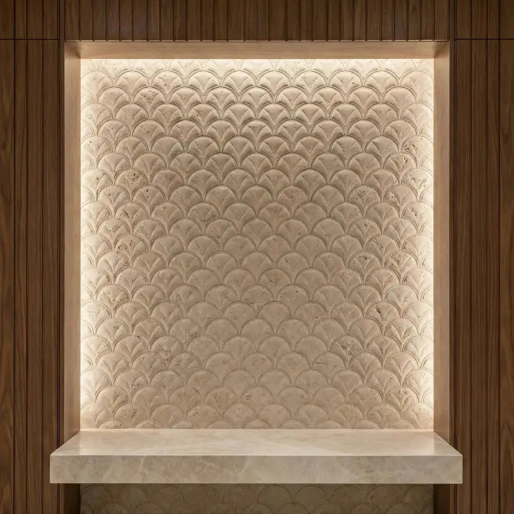 Textured wall panel with a scalloped pattern and a shelf below, framed by wooden panels. marble market
marble factory
raw marble
most expensive marble in the world
the marble shop
marble place
marble worktops