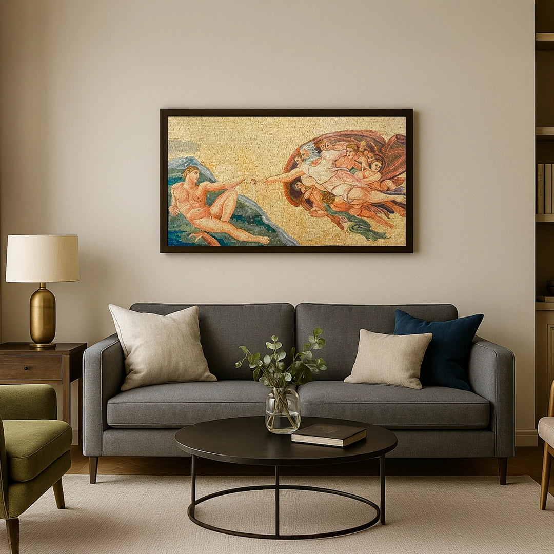 Living room with a gray sofa, round coffee table, and decorative wall art.