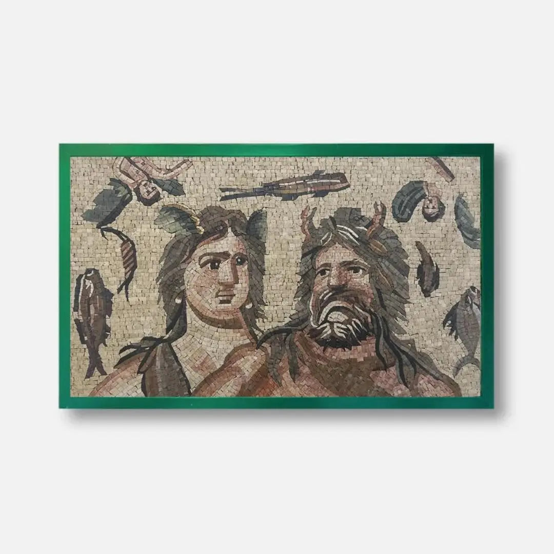 Mosaic artwork of two figures with a green border on a white background