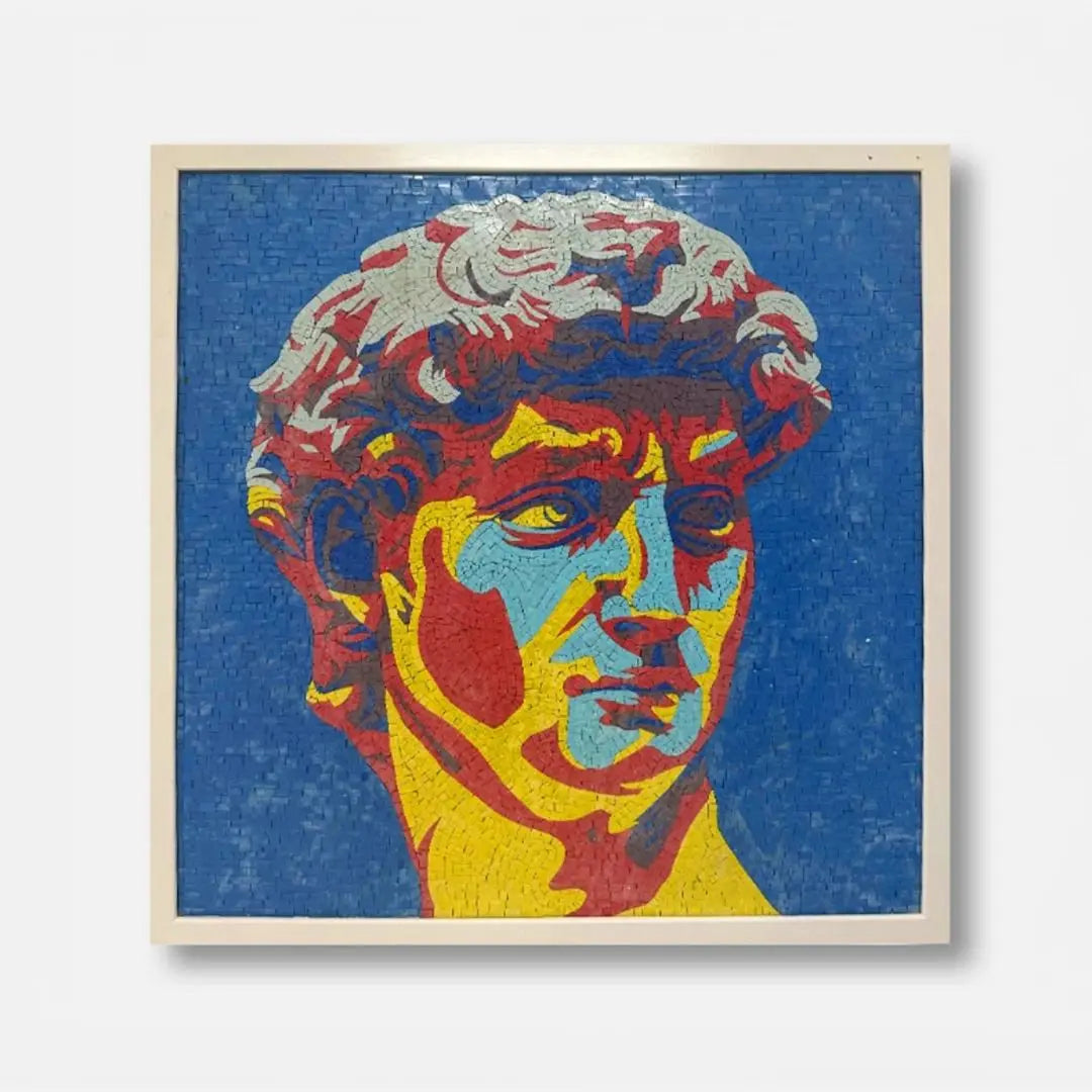 Colorful depiction of a classical statue head on a blue background