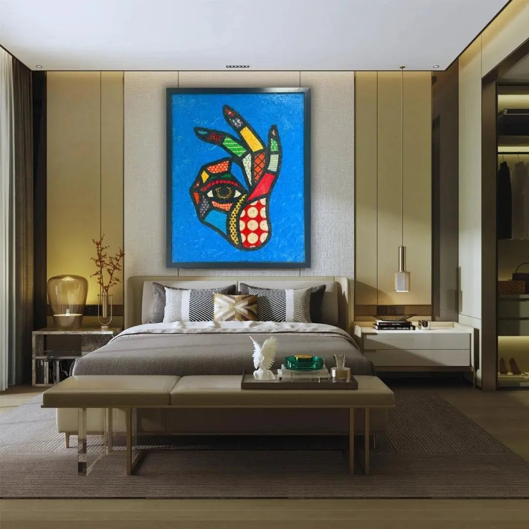 Modern bedroom with a colorful abstract painting above the bed