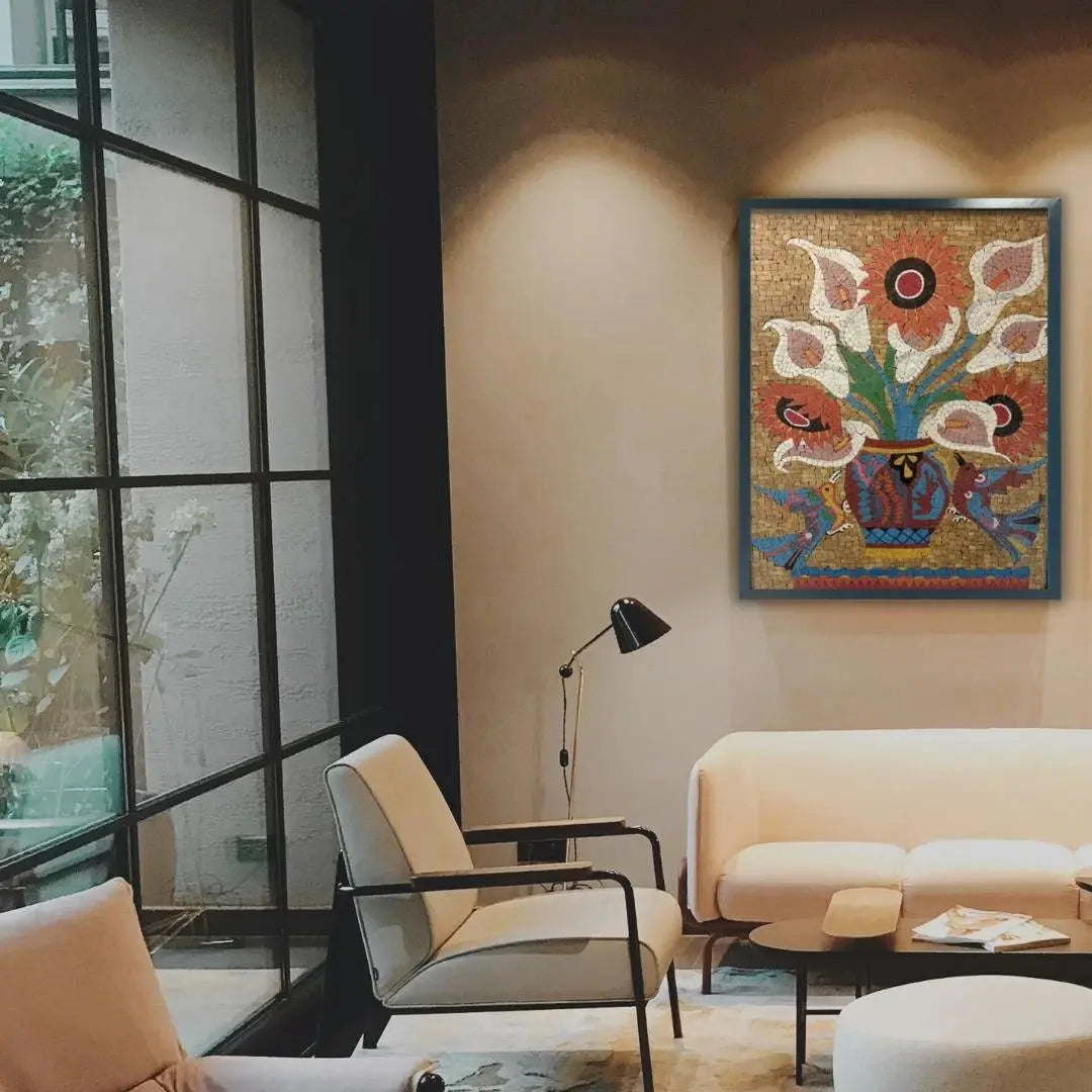 Modern living room with a decorative vase painting on the wall