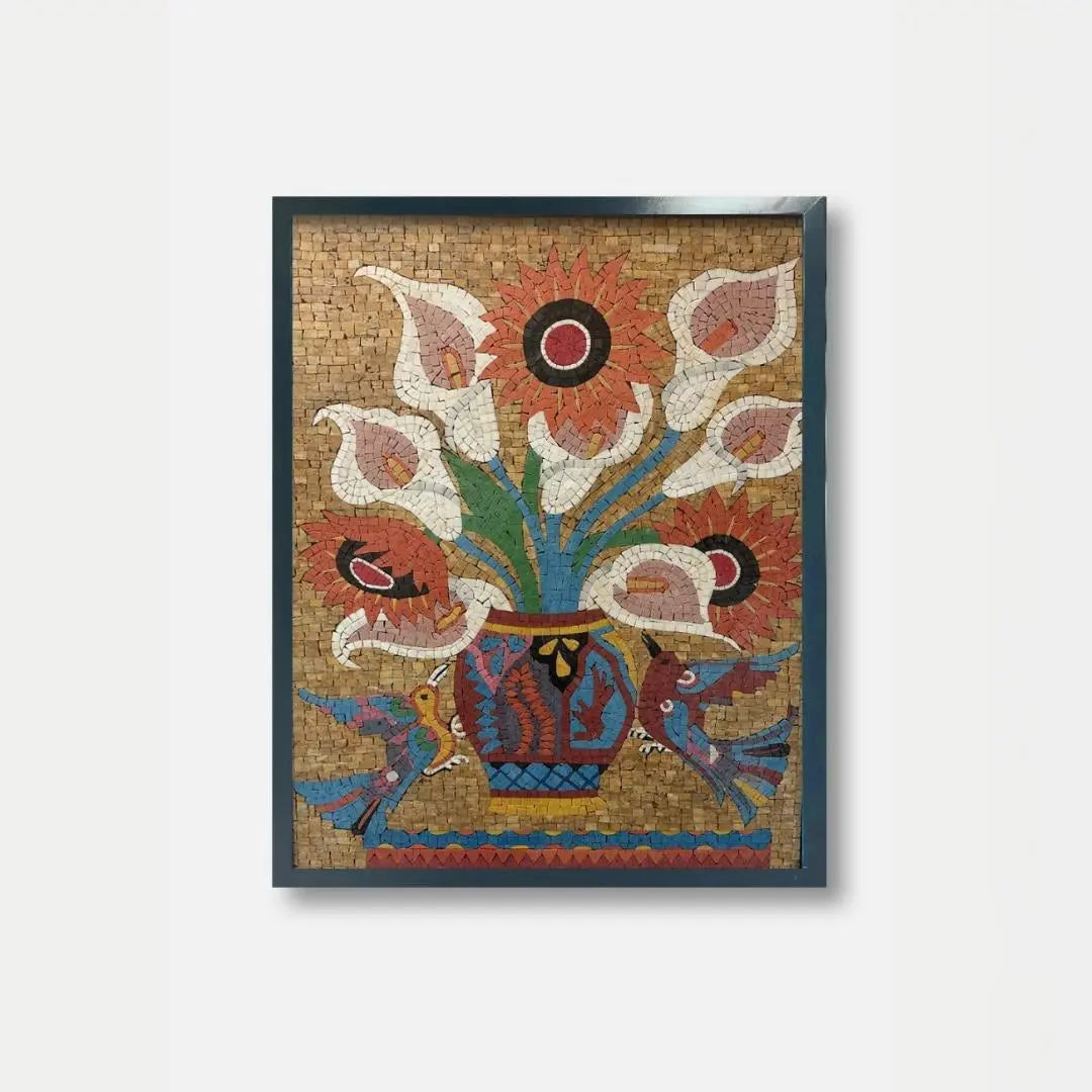 Framed mosaic artwork of a floral design on a white background