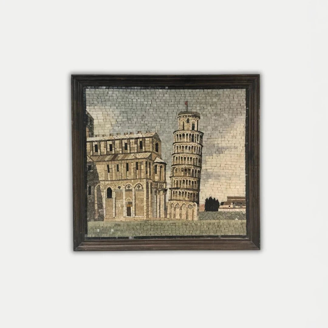 Framed artwork of the Leaning Tower of Pisa on a white background