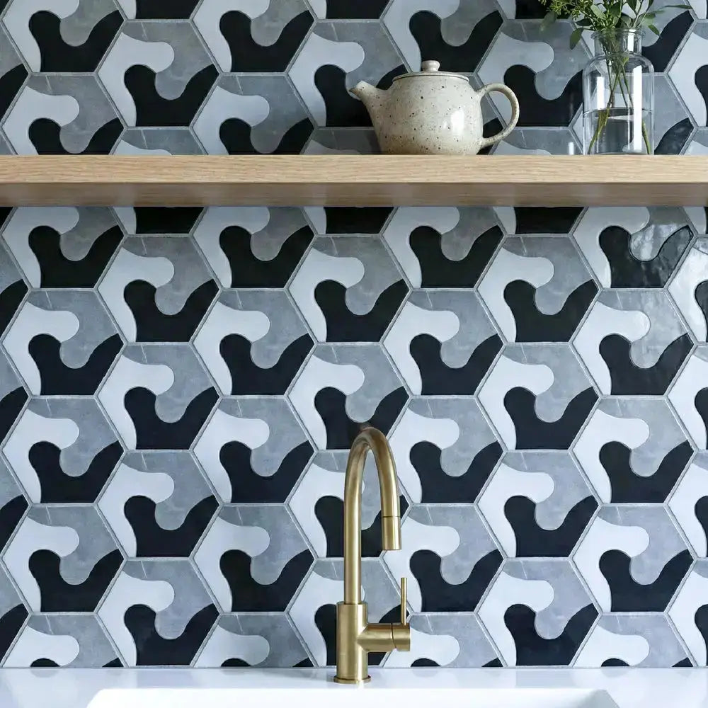 Kitchen with geometric patterned tiles, wooden counter, and gold faucet. house of tiles
tile refinishing
tile installers
classic tile
tile showroom
tile suppliers
tile installers near me