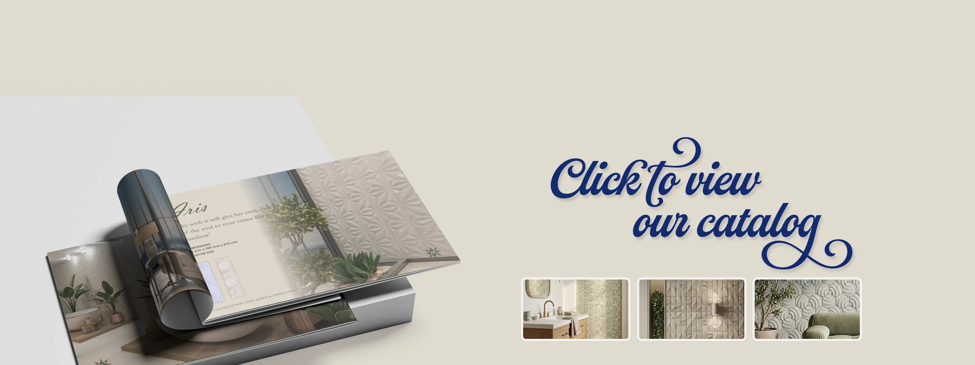 Scanner with a document on a light background, accompanied by text 'Click to view our catalog' and small images of home decor.