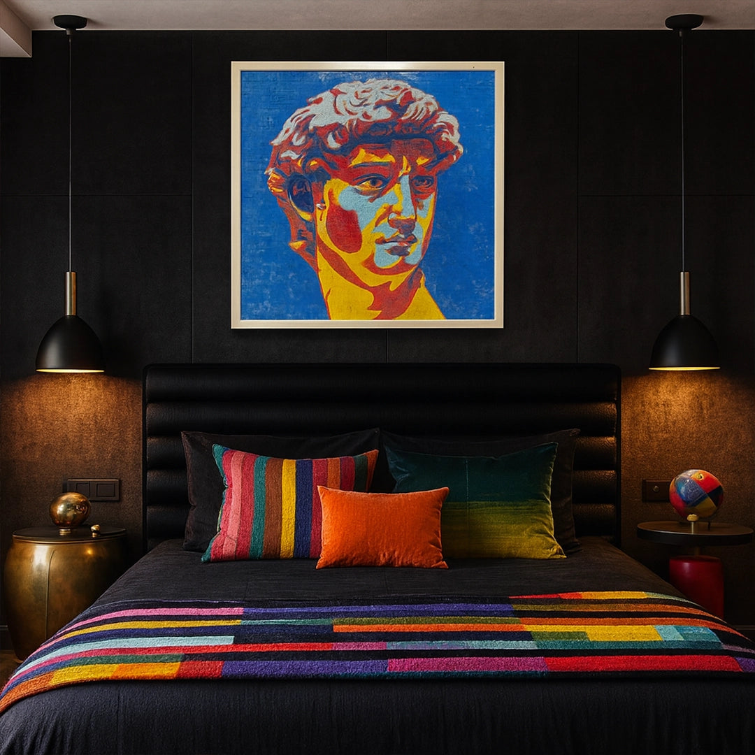 Bedroom with colorful bedding and pillows, featuring a large abstract painting of a classical sculpture on the wall.