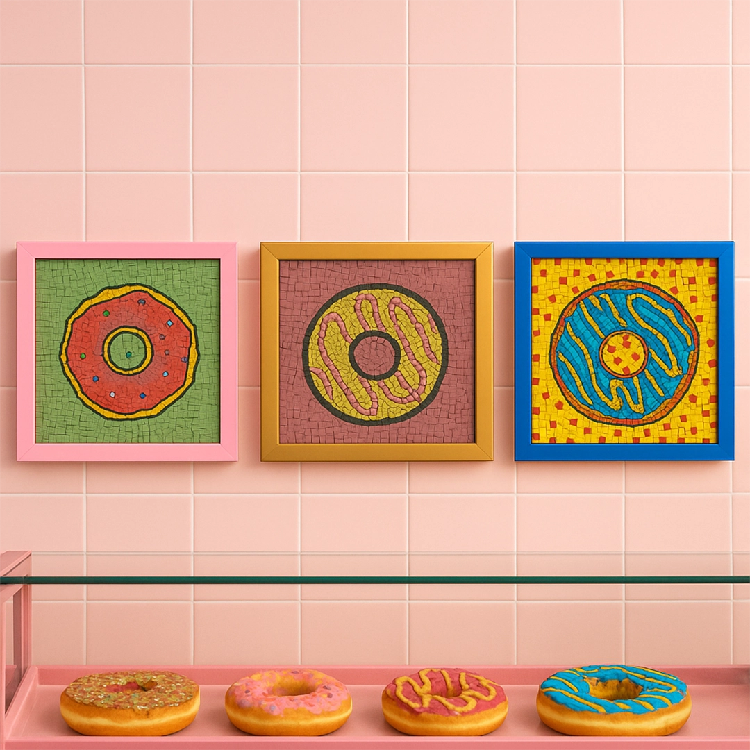 Three colorful framed artworks of donuts on a pink tiled wall.