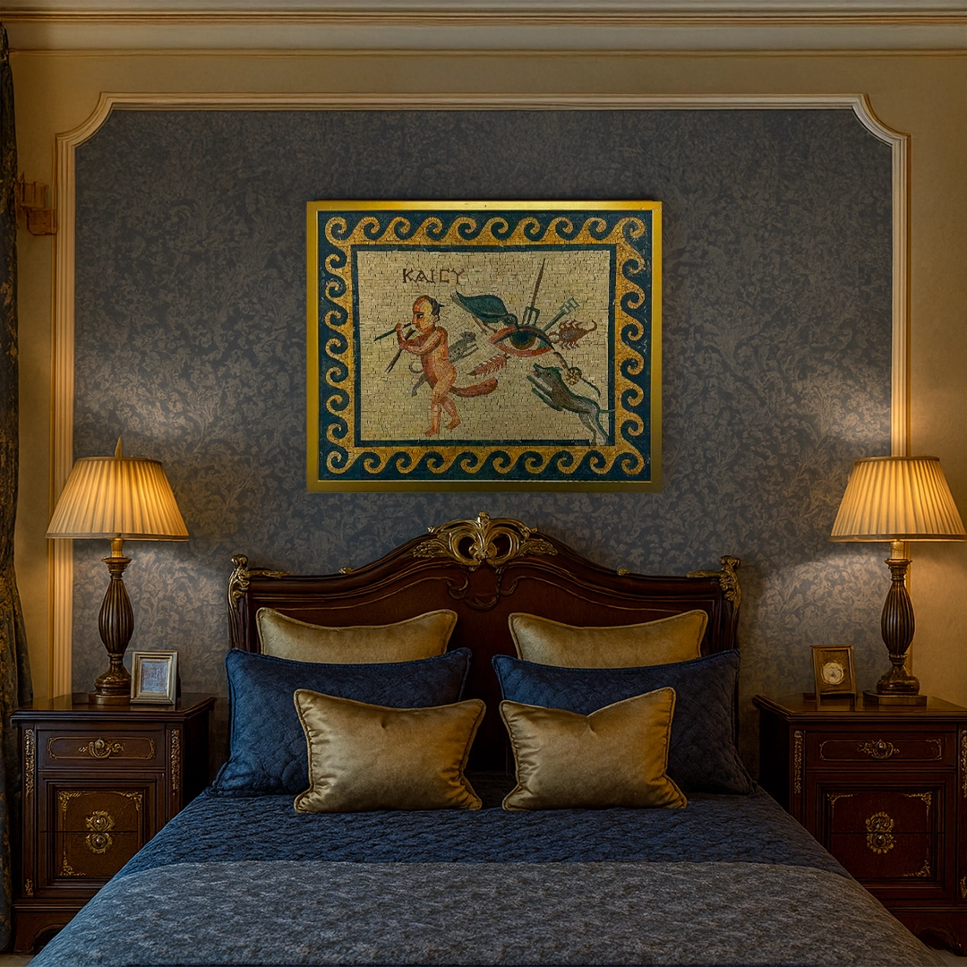 Decorative tapestry above a bed with matching pillows in a bedroom setting.