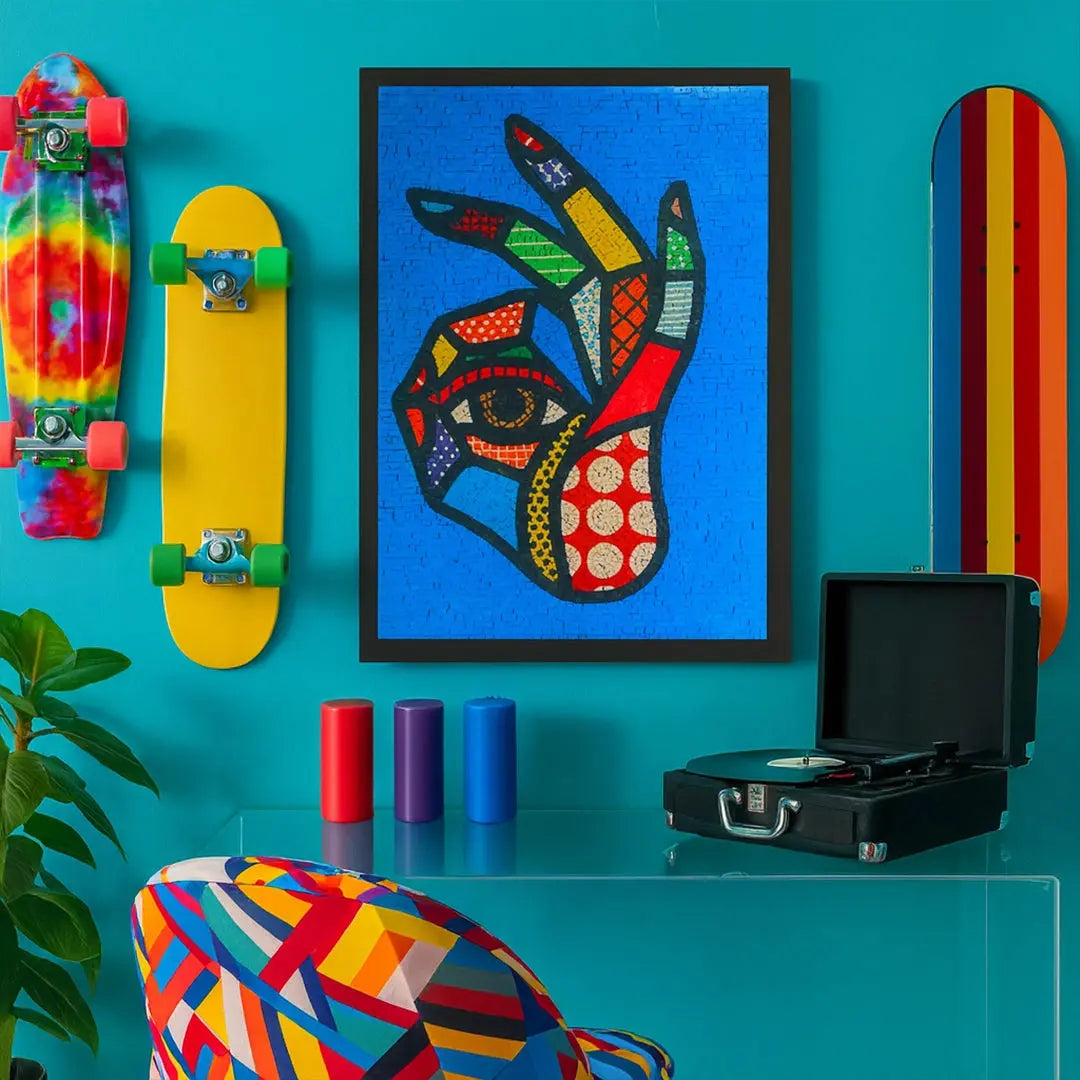 Colorful room decor with skateboards, a painting, and a record player against a blue wall.