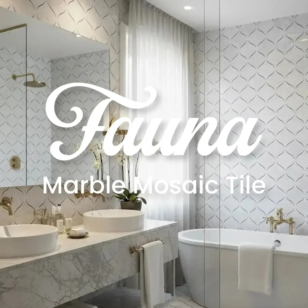 Modern bathroom with marble mosaic tiles and 'Fauna' branding. tile showroom sala de exhibición de azulejos
tile suppliers proveedores de azulejos