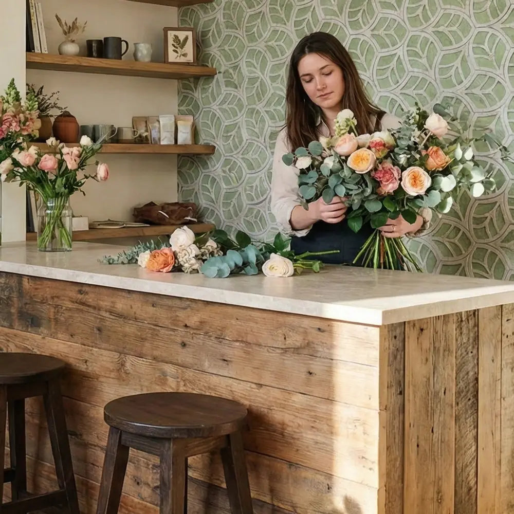 Woman arranging flowers in a floral shop with wooden counter and patterned wall. misbell house of tiles
tile refinishing
tile installers
classic tile
tile showroom
tile suppliers
tile installers near me