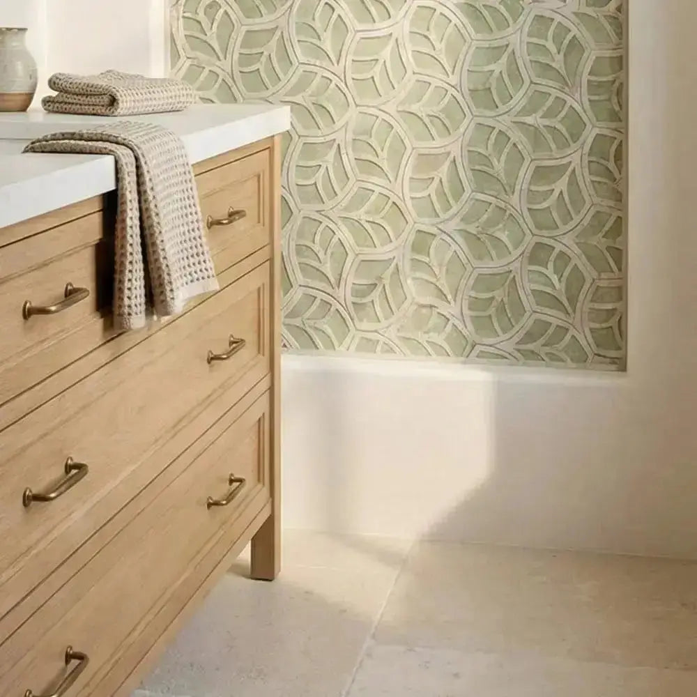 Wooden dresser with towels against a patterned wall in a bathroom setting house of tiles
tile refinishing
tile installers
classic tile
tile showroom
tile suppliers
tile installers near me