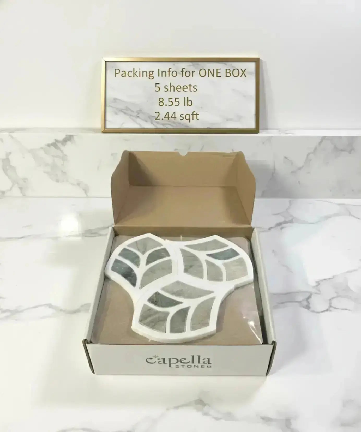 Capella stone filter in an open box on a marble surface with packing information text overlay. pisos y paredes
azulejo universal
colocación de azulejos
centro de azulejos
azulejo de calidad