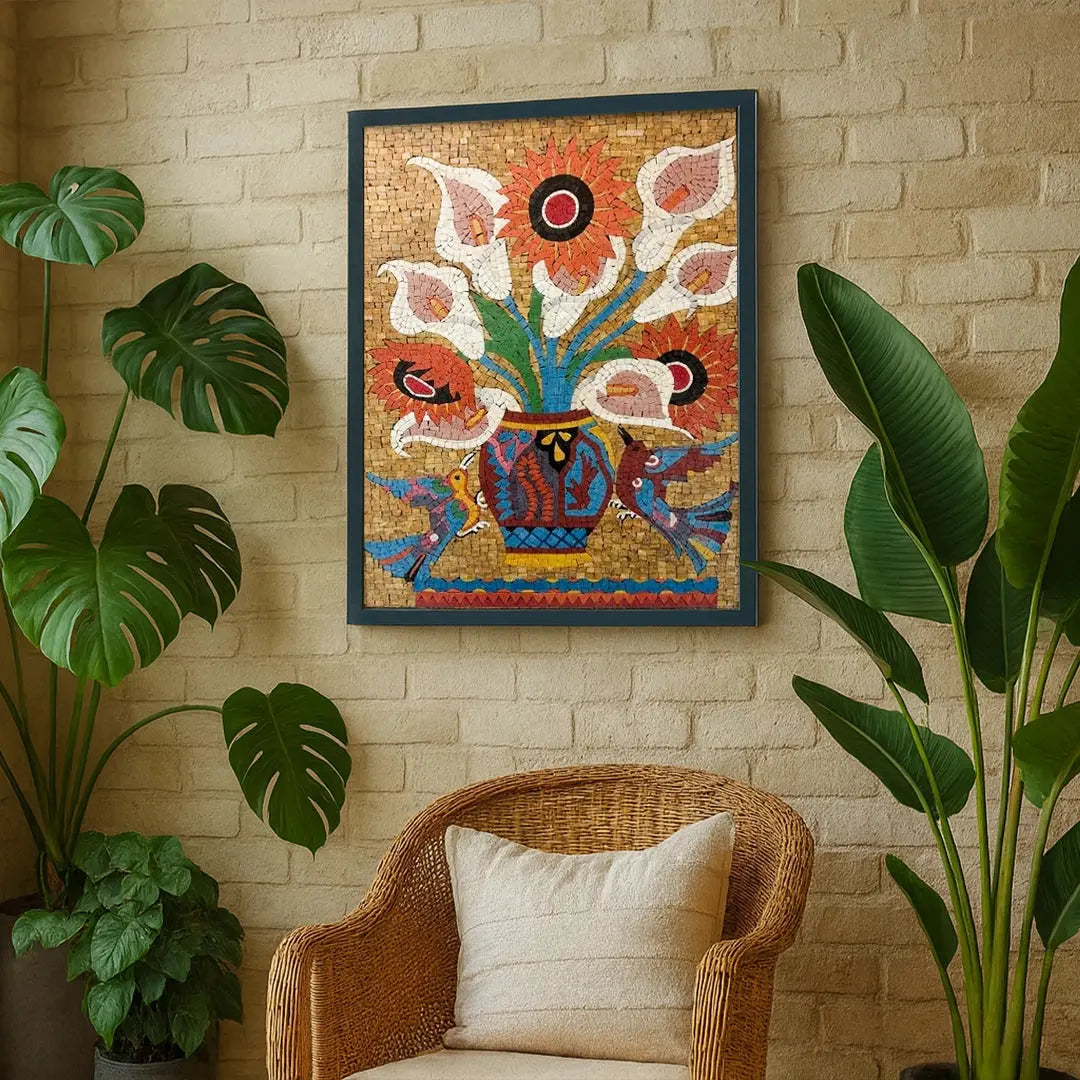 Decorative wall art with floral design in a room with plants and a wicker chair.