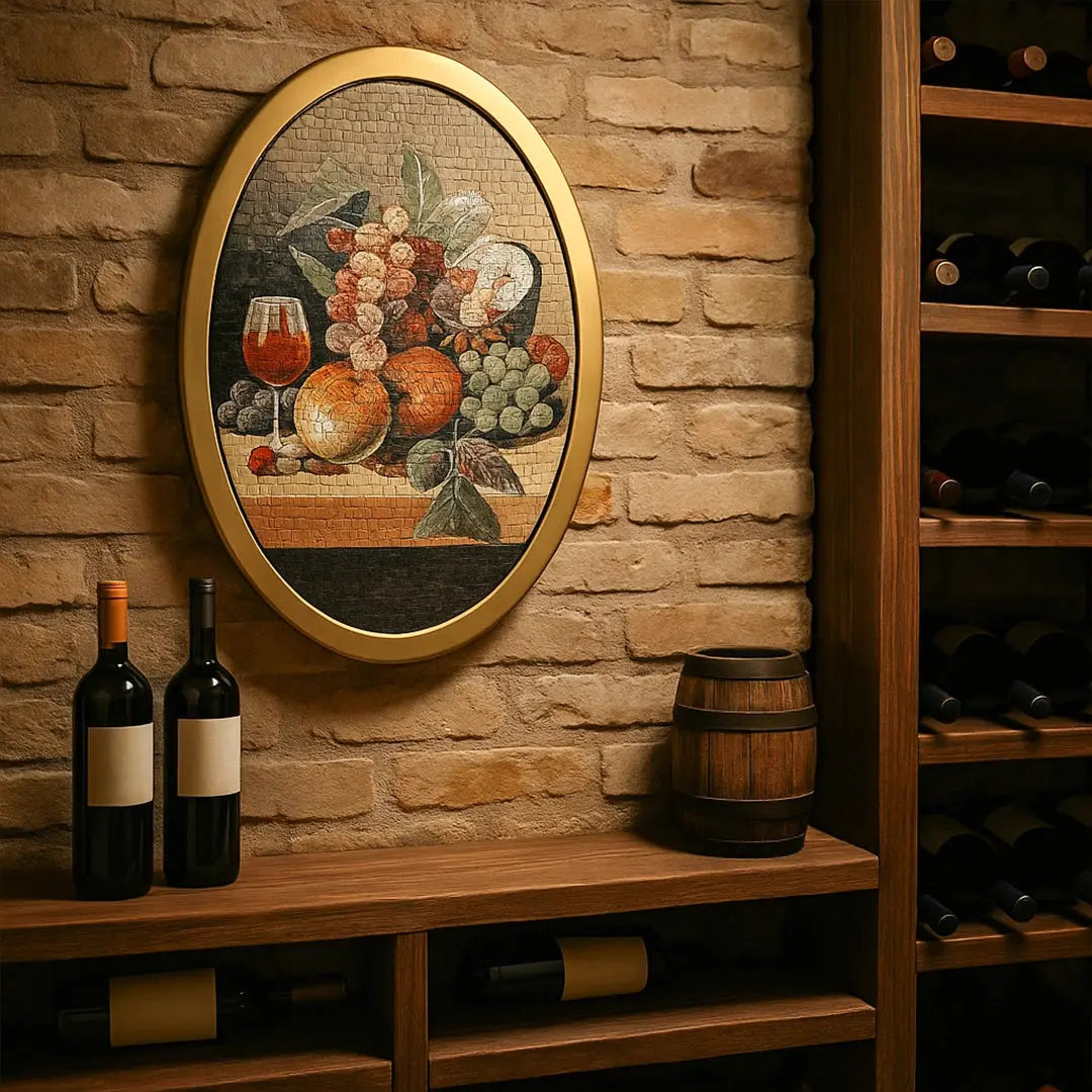 Wine bottles on a wooden shelf with a decorative painting of fruits and a wine glass on a stone wall.