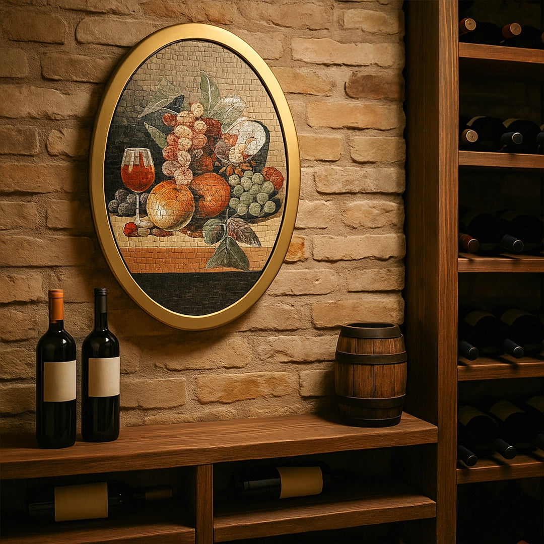 Wine bottles on a wooden shelf with a decorative painting of fruits and a wine glass on a stone wall.