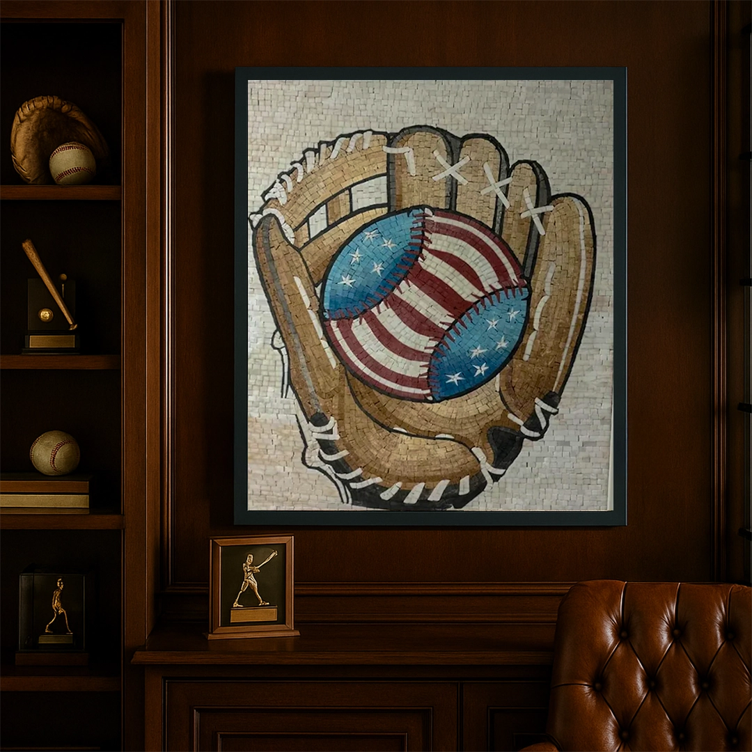 Framed mosaic artwork of a baseball glove with an American flag inside, displayed on a wall.