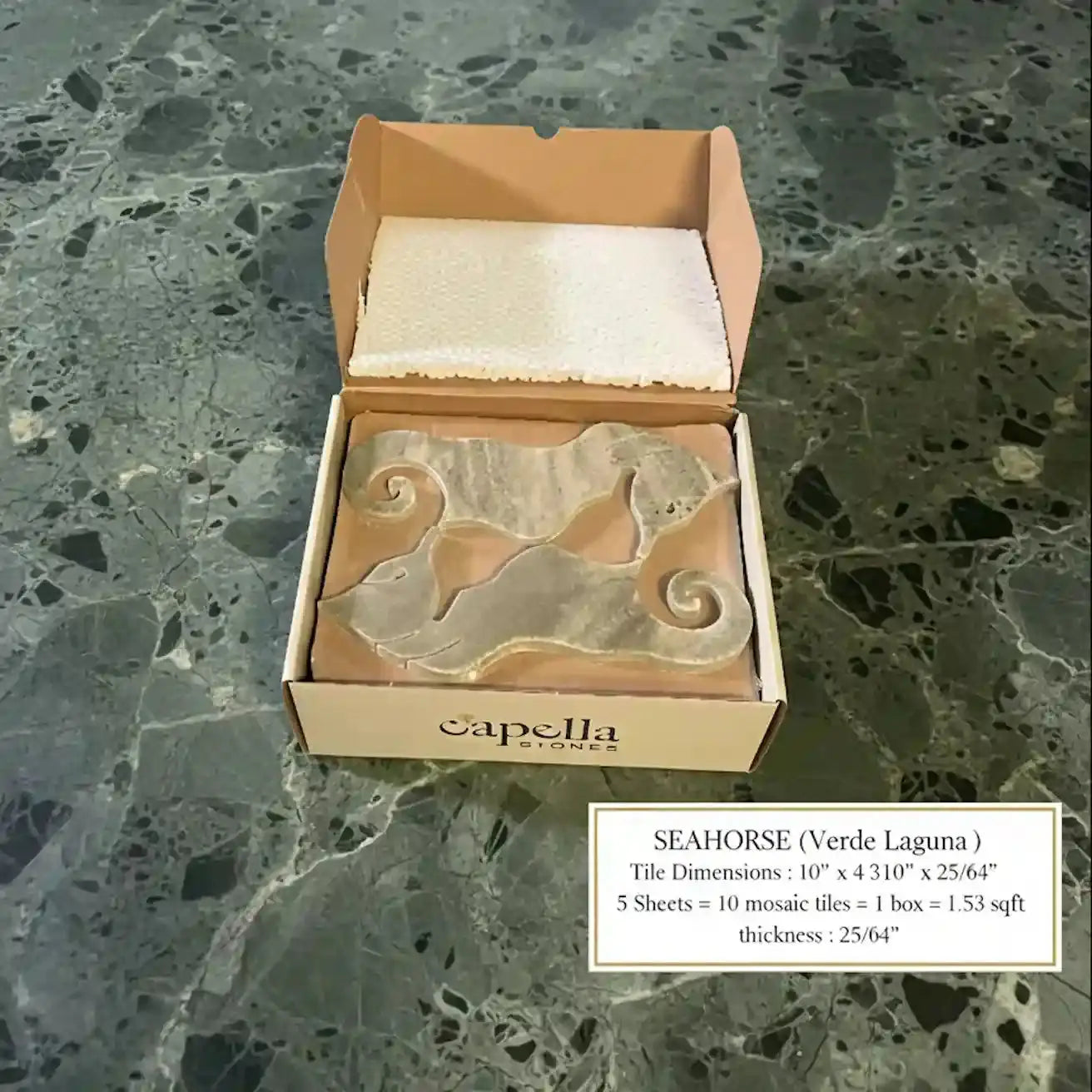 Box of Capella Stones Seahorse tile on a textured stone surface