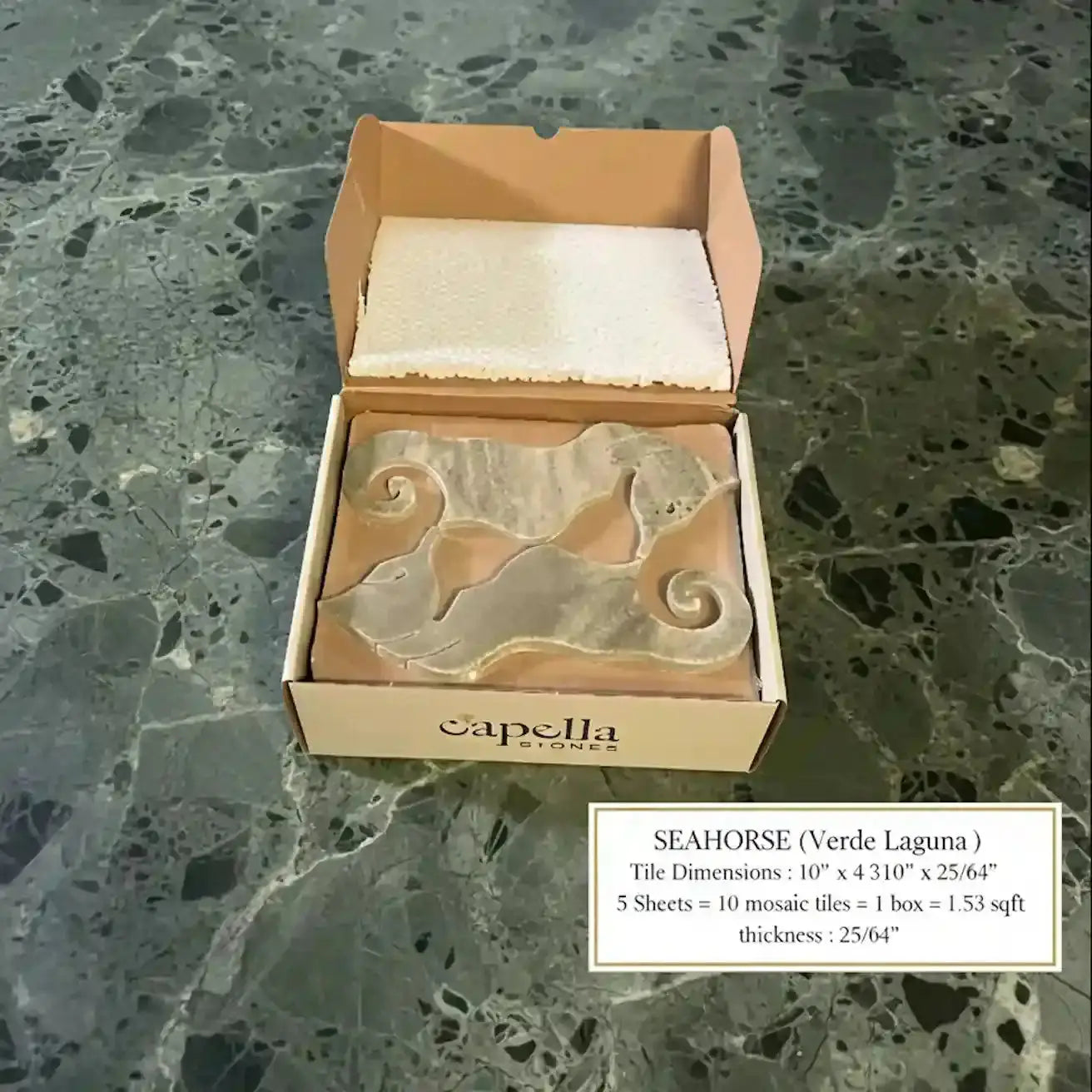 Box of Capella Stones Seahorse tile on a textured stone surface