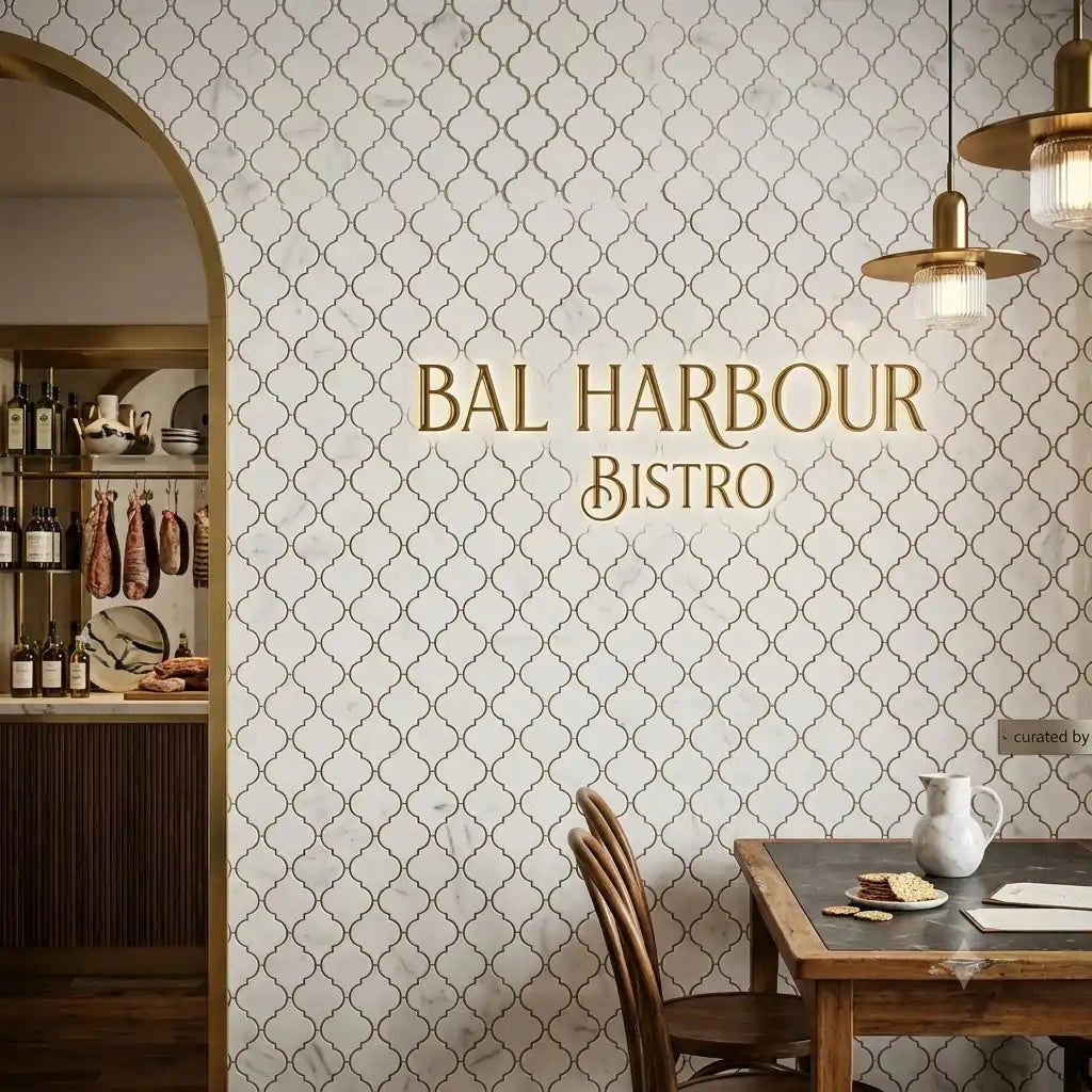 Helios natural stone mosaic tile featured as an elegant repeating arabesque wall cladding in a high-end restaurant setting labeled 'Bal Harbour Bistro', highlighting its clean white marble and delicate dark grouting.