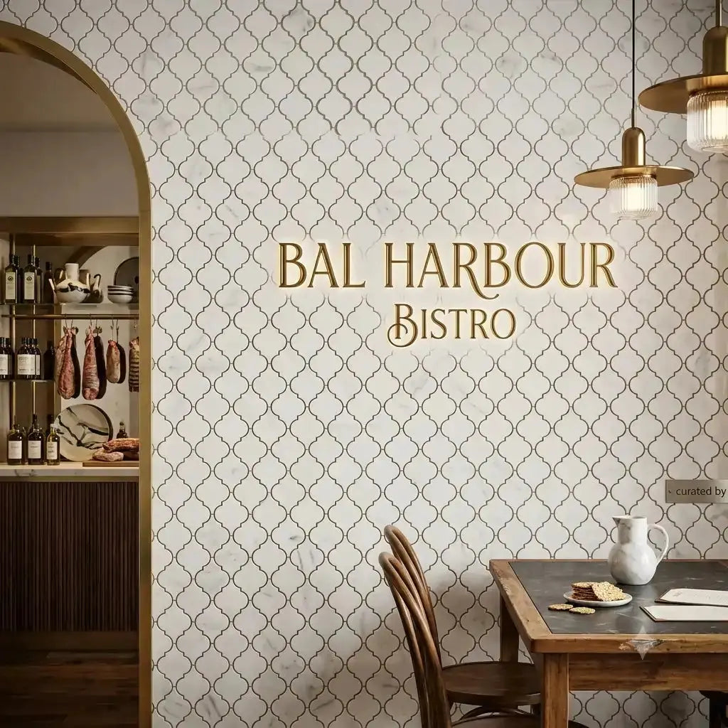 Helios natural stone mosaic tile featured as an elegant repeating arabesque wall cladding in a high-end restaurant setting labeled 'Bal Harbour Bistro', highlighting its clean white marble and delicate dark grouting.
