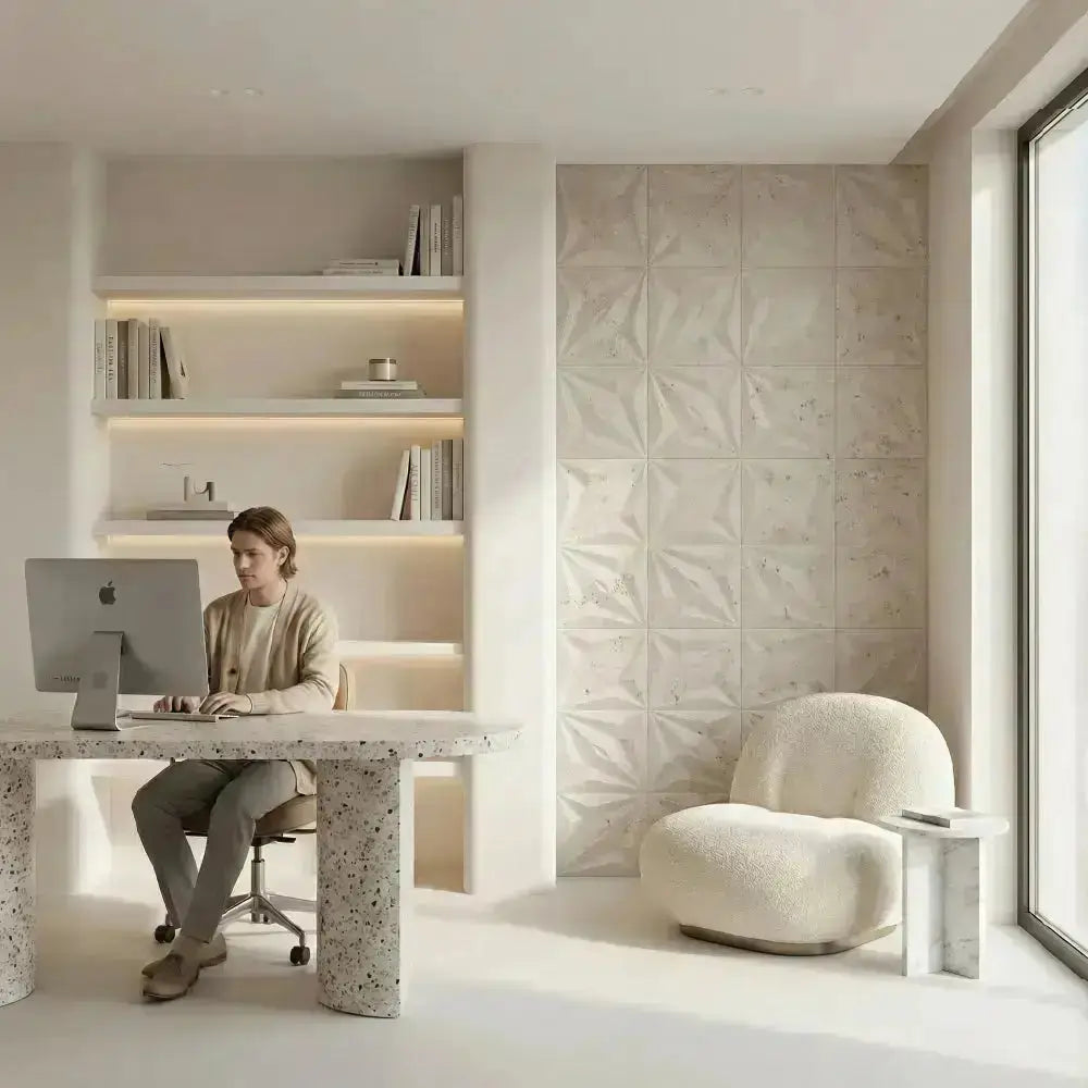 Modern home office with a person working at a desk, bookshelves, and a textured wall. 3d wall tile -instalación de contorno de pared de tina
instalar un nuevo contorno de bañera
paneles 3D para paredes de acento
paneles de revestimiento de pared 3D
remodelación rápida (flip)
renovación en árabe
renovación