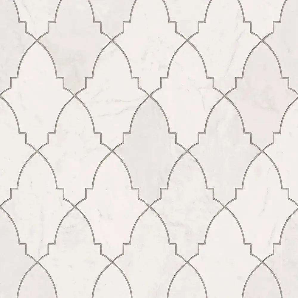 Khepri natural stone mosaic tile arrangement showcasing a repeating geometric interlocking lantern or ogee pattern with clean curved lines across a uniform white marble surface.