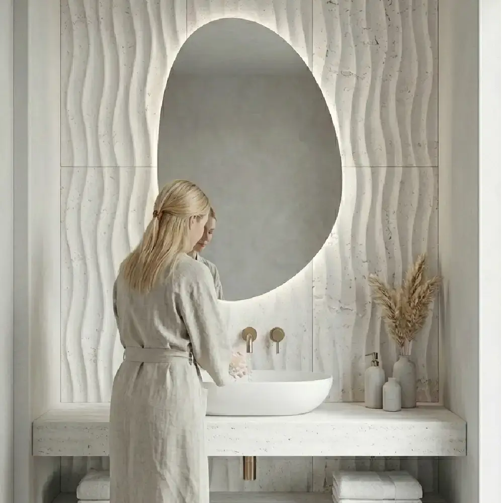 Woman in a bathrobe standing in front of a large oval mirror in a bathroom. 12x24 renovation fix and flip-corte de laja
losas grandes de pizarra
venta de piedra
camino de piedra natural