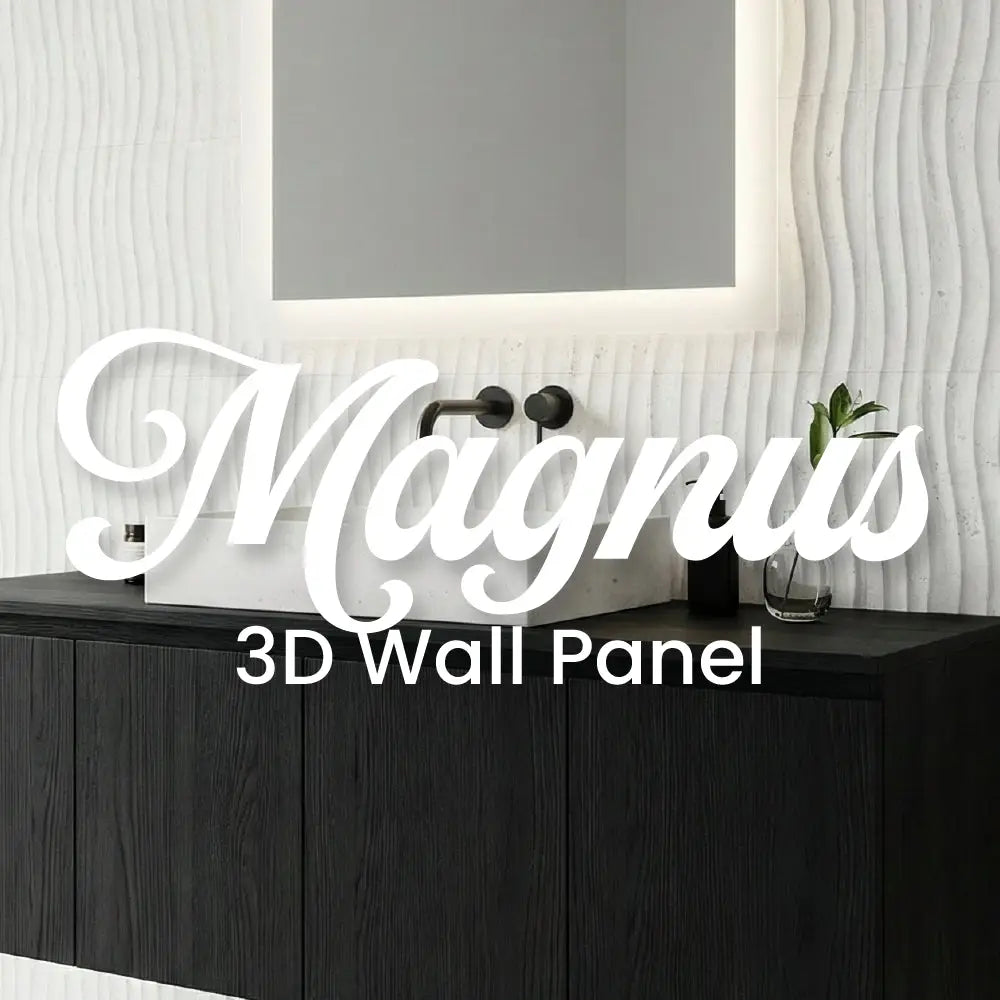 Bathroom setting with black 3D wall panels and 'Magnus' branding. otel - commercial floor - high end tile azulejos de alta gama
the marble el mármol