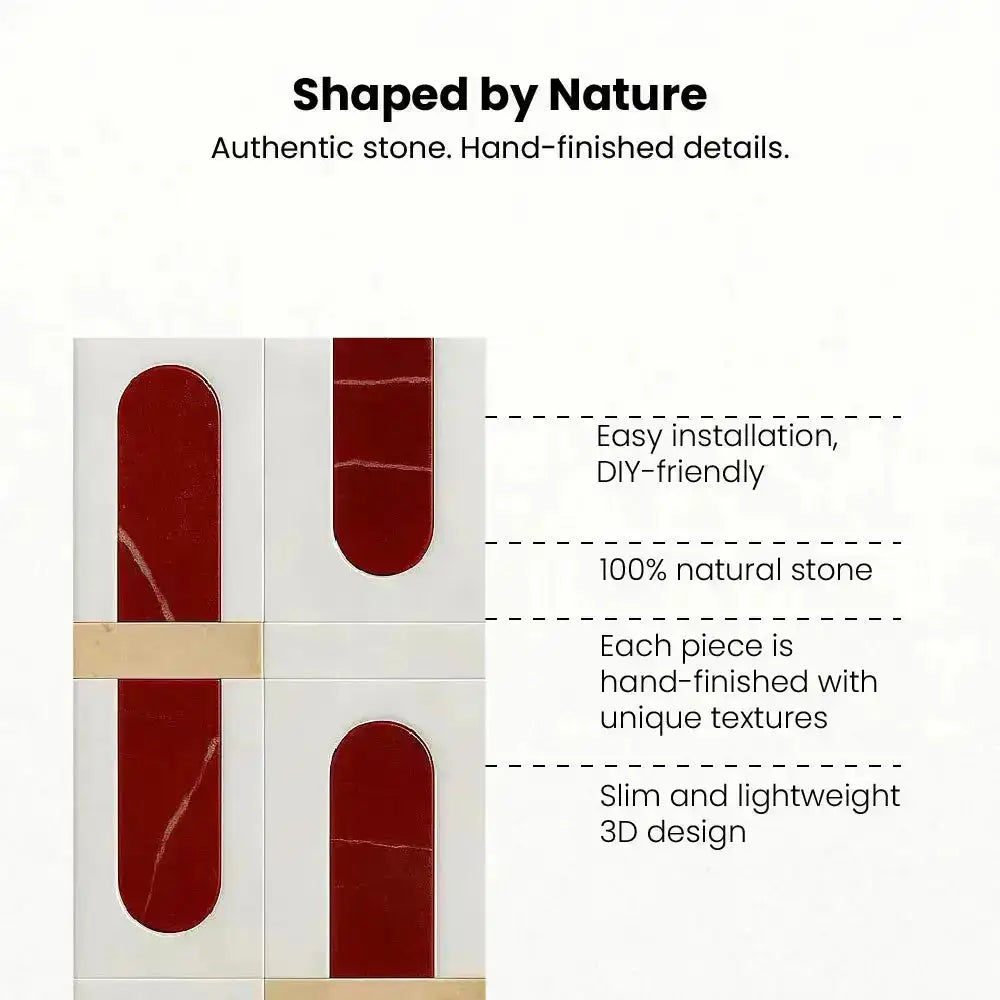 Product packaging with text highlighting features like 'Shaped by Nature', 'Easy installation', and '100% natural stone'. instaladores de azulejos cerca de mí
contratista de azulejos cerca de mí
mis azulejos
rejuntar azulejos de ducha