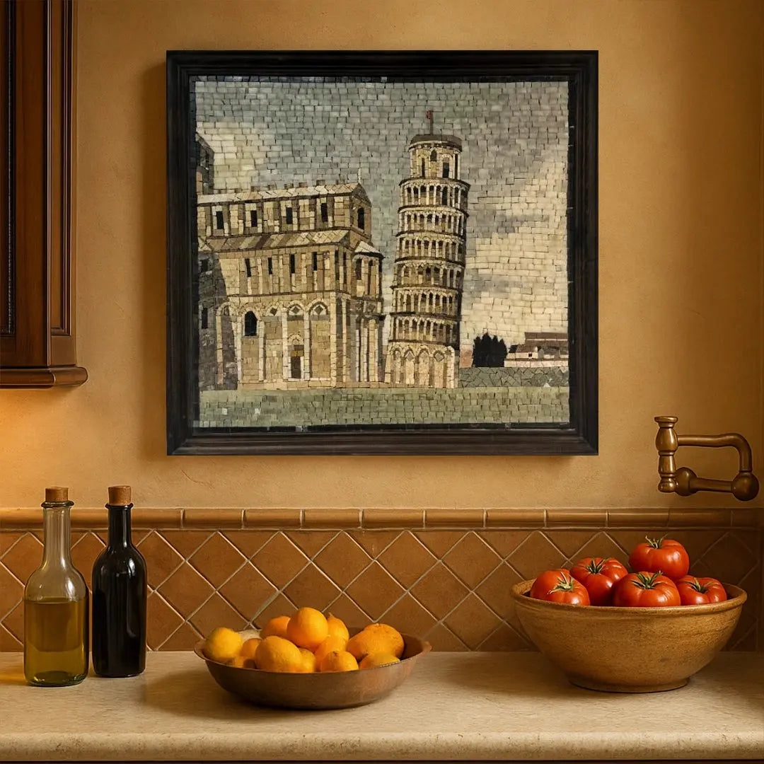 Framed mosaic of the Leaning Tower of Pisa on a kitchen wall with bowls of fruit and tomatoes below.