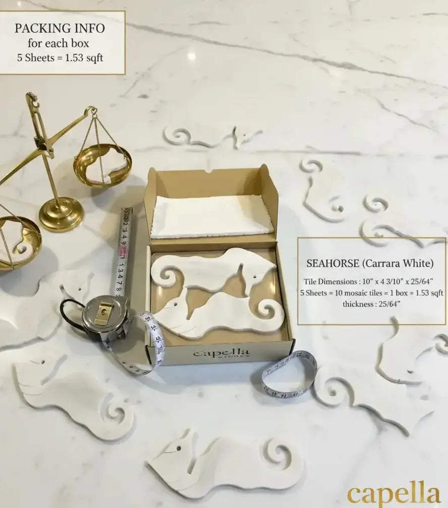 Capella Atelier mosaic tiles packaging with decorative elements on a marble surface