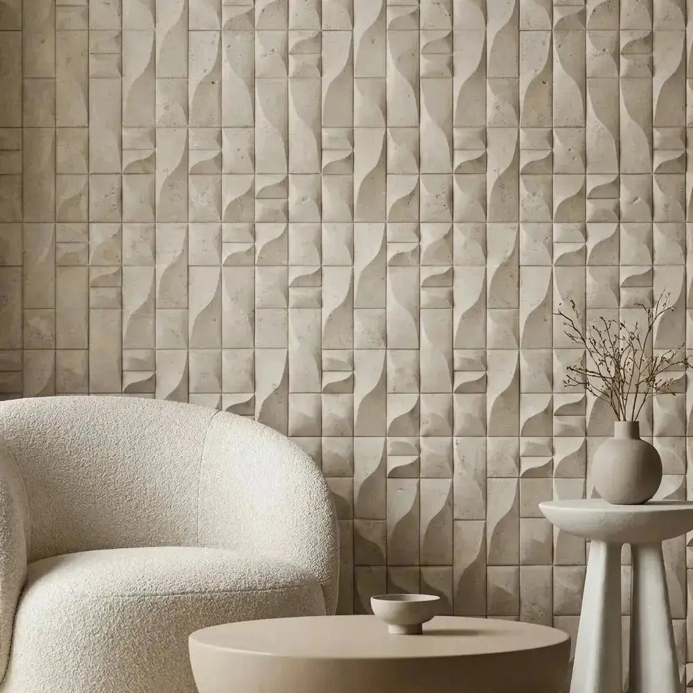 The Sienna 3D wall panel features a modern design and has been elegantly applied to the living room wall to create a serene atmosphere.