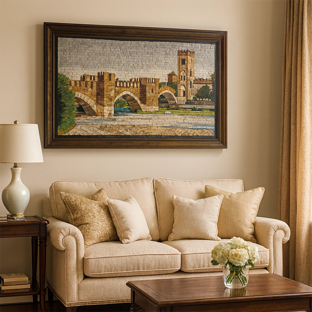 Living room with beige sofa, lamp, and framed mosaic artwork on the wall.