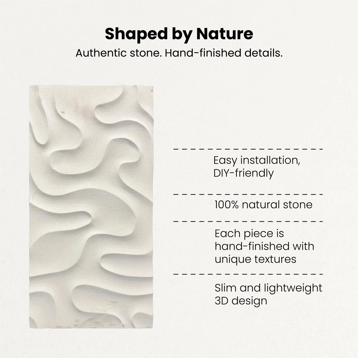 Veronica natural stone 3D wall tile displayed in a product presentation graphic with the heading 'Shaped by Nature' and 'Authentic stone. Hand-finished details.', highlighting its organic flowing relief pattern and key features.