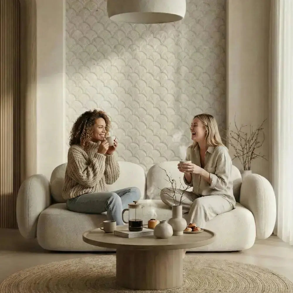 Two women sitting on a modern sofa in a stylish living room, enjoying coffee.3d wall tile