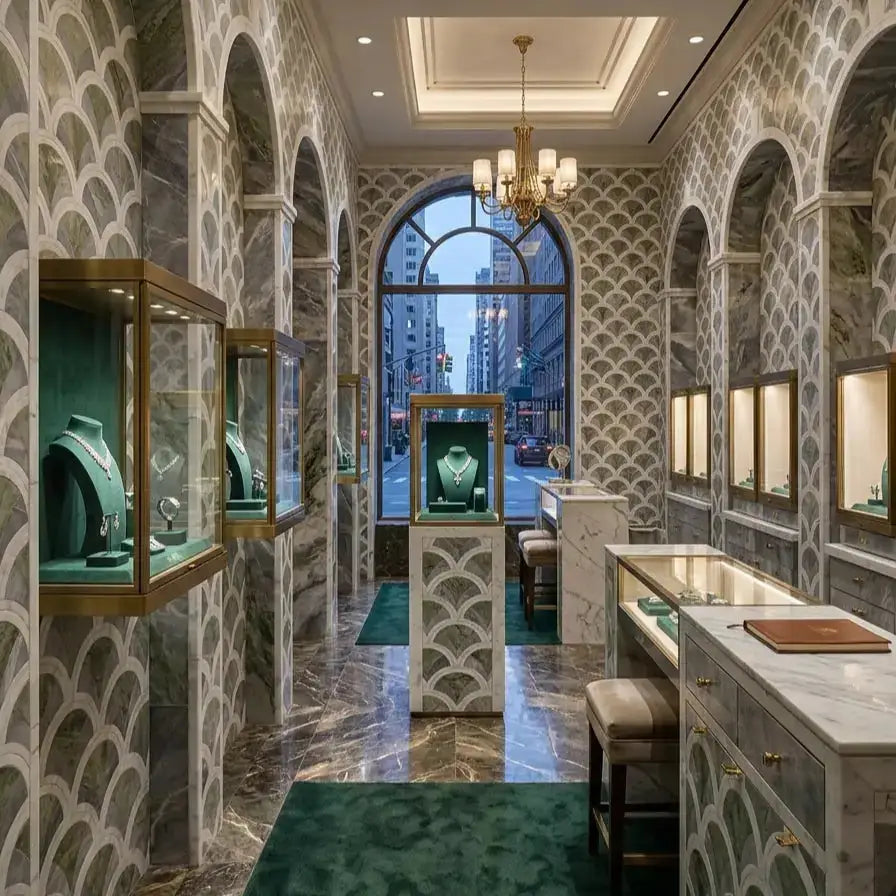 Vivian natural stone mosaic tile featured as an immersive interior wall cladding in a luxurious high-end jewelry boutique, showcasing its repeating arched Art Deco pattern with muted green and white marble segments.