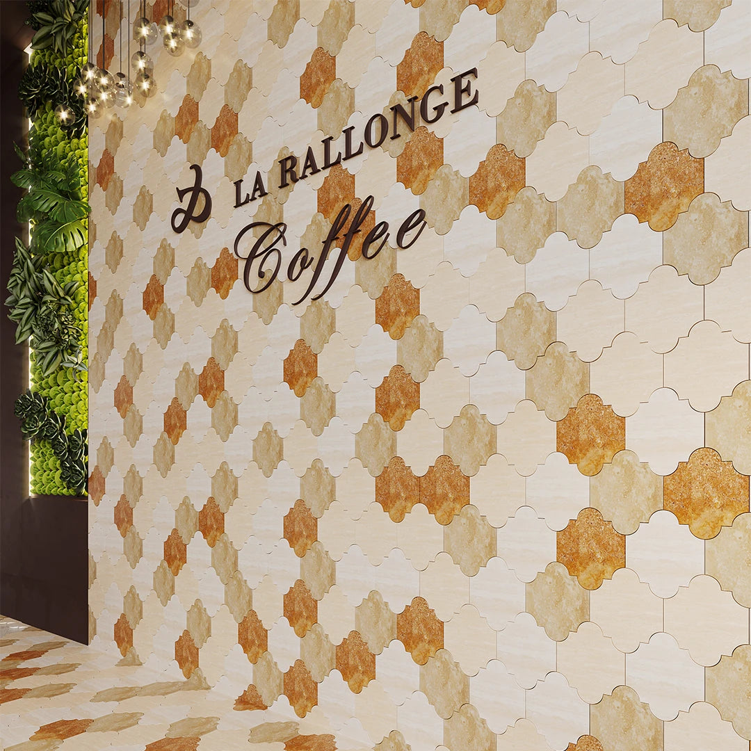 Decorative wall with geometric pattern and 'La Ballonge Coffee' text