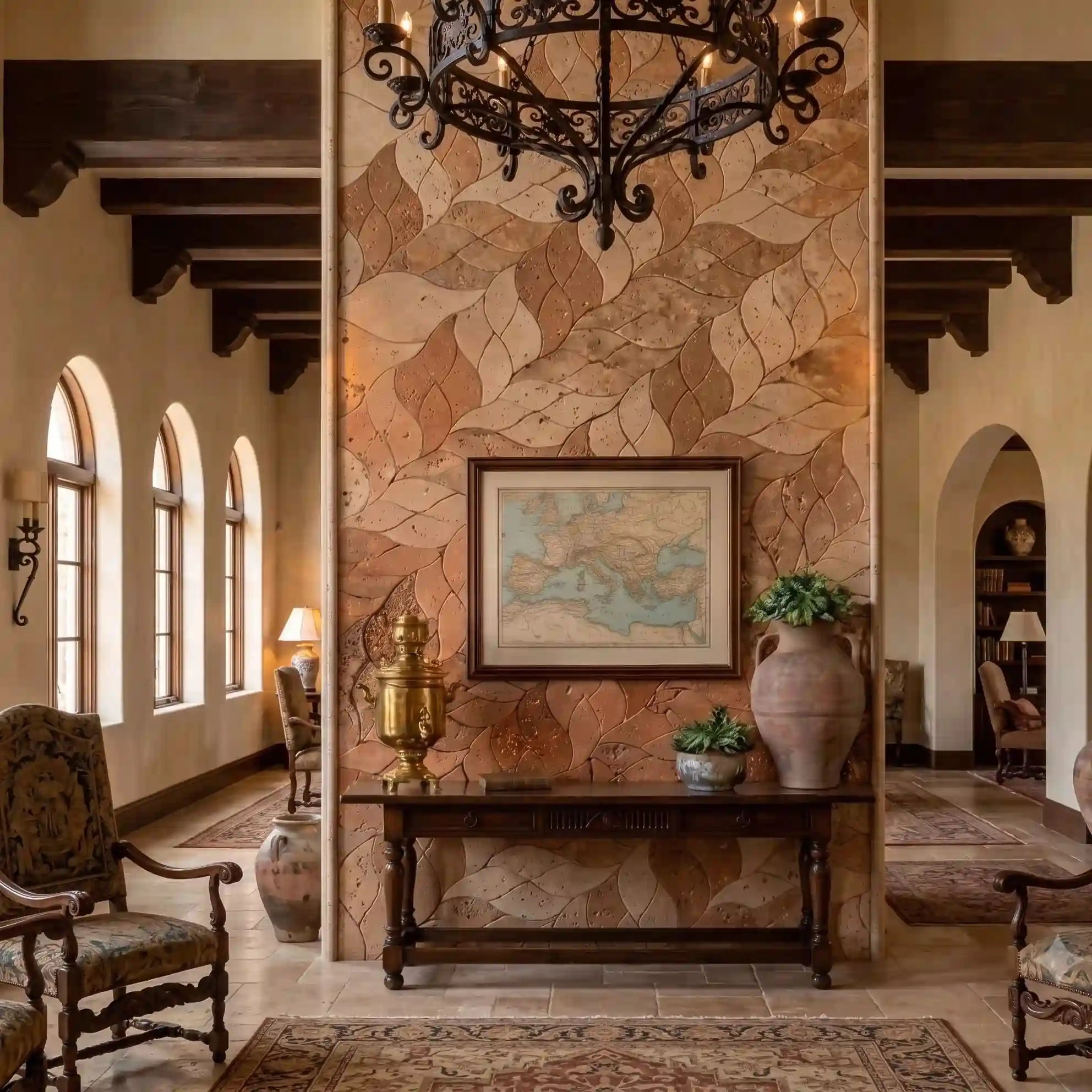 A grand interior hallway with a central wall covered in large overlapping leaf-shaped tiles in warm beige, tan, and brown tones. A dark wood console table sits against the wall with a framed map, decorative vases, and plants.