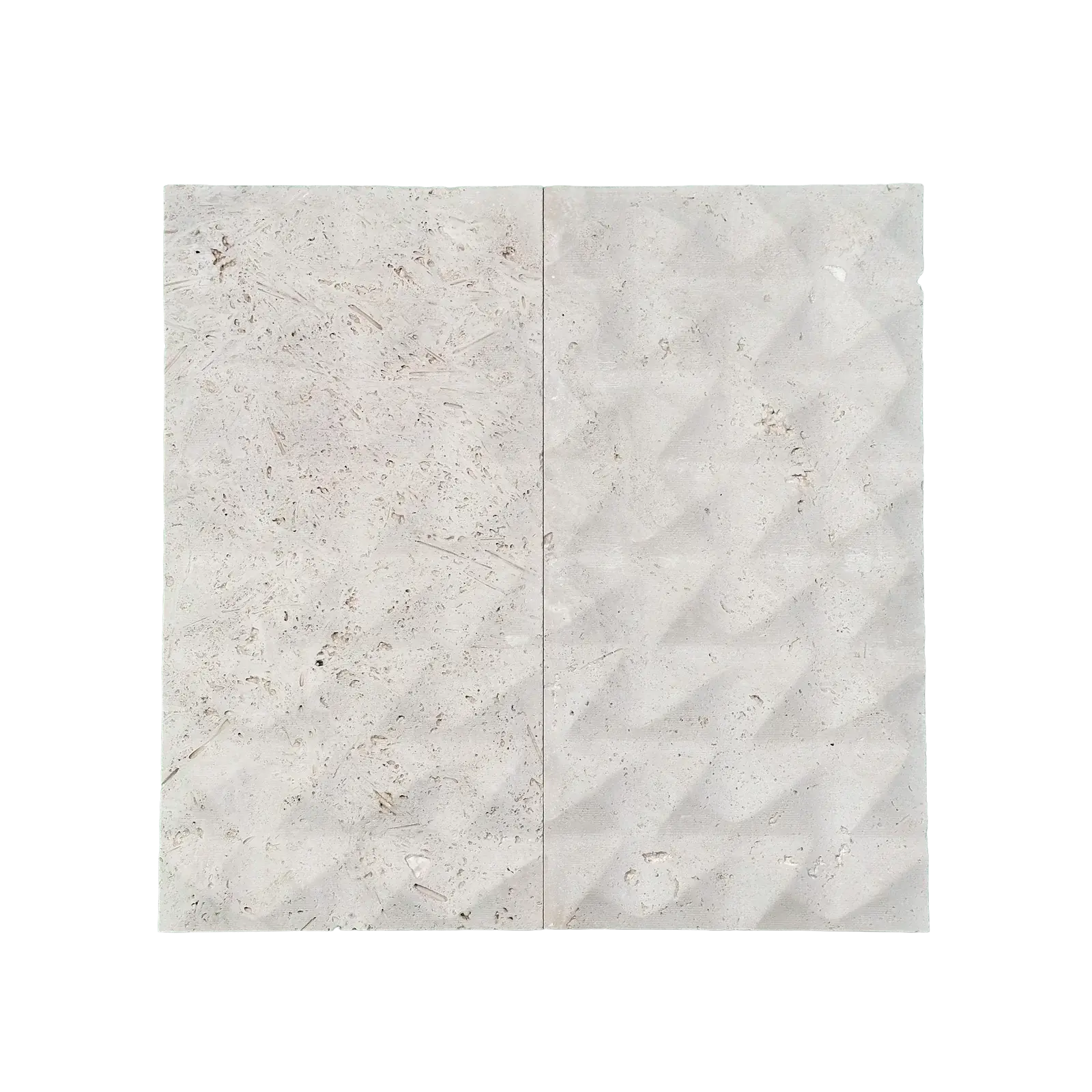Two square tiles with a light gray marble travertine limestone pattern on a white background