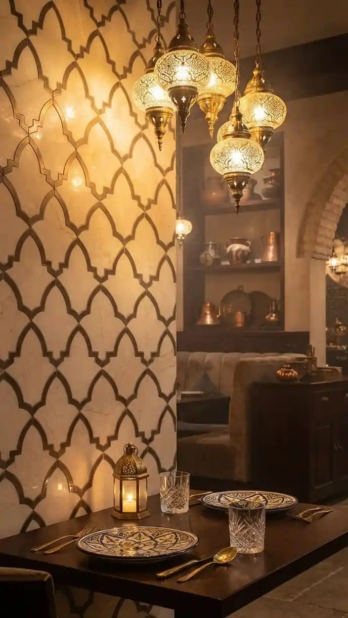 A warm, atmospheric dining room scene featuring ornate hanging Moroccan-style glass chandeliers with brass accents, a patterned wall, and a dark wooden table set with plates, glasses, and a lantern.